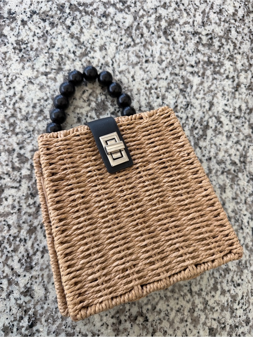 Woven Straw Beaded-Handle Tote Bag - Natural